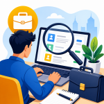 Illustration of a video player screen with camera, analytics charts, target icon, and social engagement symbols