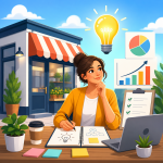 Illustration of a business owner planning growth with charts, laptop, and storefront